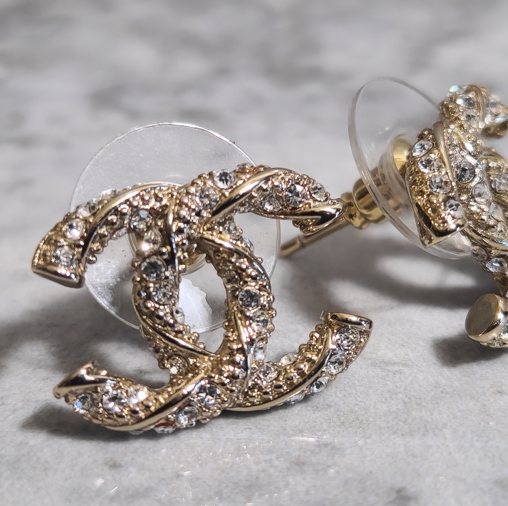 Chanel Gold CC Logo Crystal Stud Earrings - Picture 2 of 7